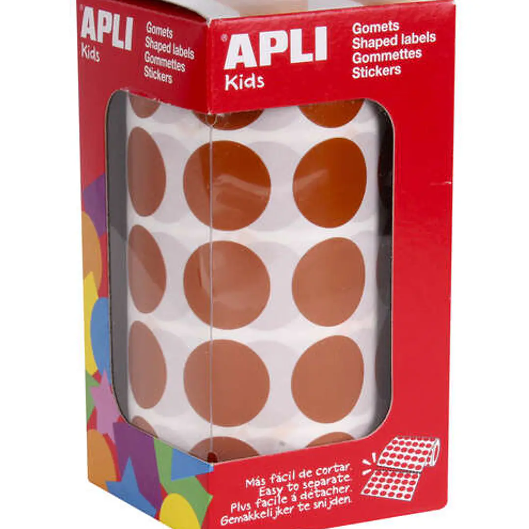 Apli Rollo de 1.770 Gomets Redondos Ø 20mm - 59 Hojas Pretroqueladas - Adhesivo Base Agua - Normas EN-71 y Cadena de Custodia FSC - Color Marron 1