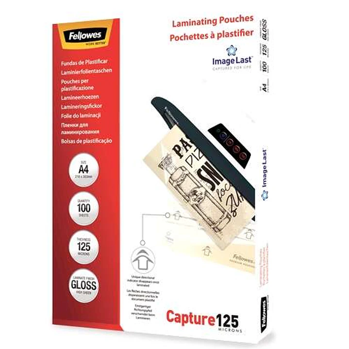 Fellowes Pack de 100 Fundas para Plastificar Brillo A4 - 125 Micras - Alta Calidad - Transparente 1