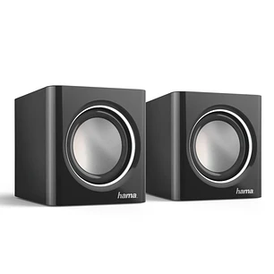 Hama Altavoces de Sobremesa - Cable 7cm - Frecuencia hasta 20GHz - Jack 3.5mm - 7x7x7cm - Color Negro y Plata