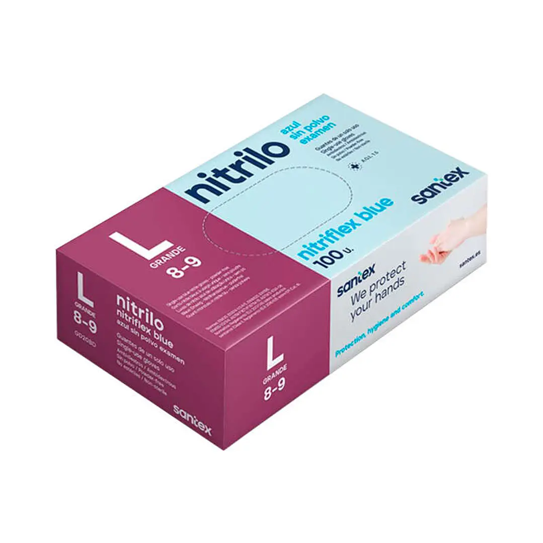 Santex Nitriflex Blue Pack de 100 Guantes de Nitrilo para Examen Talla L - 3.5 gramos - Sin Polvo - Libre de Latex - No Esteriles - Color Azul 1