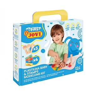 Jovi My First Plastilina Kit de Modelaje con 4 Pastillas de Plastilina 38gr + 3 Estampadores de Madera - Super Blanda - Estimula Creatividad y Sensibi