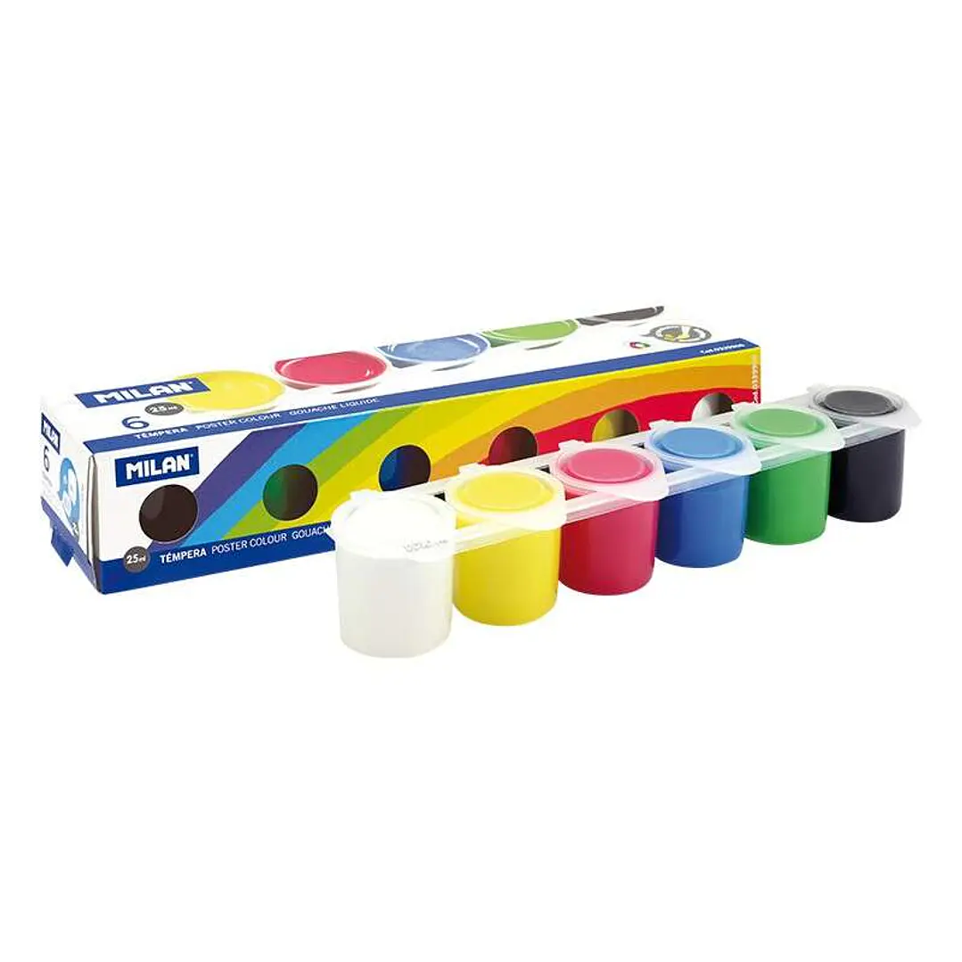 Milan Pack de 6 Botes de Tempera 25ml + 1 Pincel Serie 101 - Secado Rapido - Mezclable - Colores Surtidos 1
