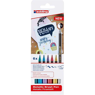 Edding 1340 Brush Pack de 6 Rotuladores - Punta Pincel Flexible - Trazo 1-3mm - Tinta con Base de Agua - Colores Oro, Rojo, Azul, Verde, Gris y Morado