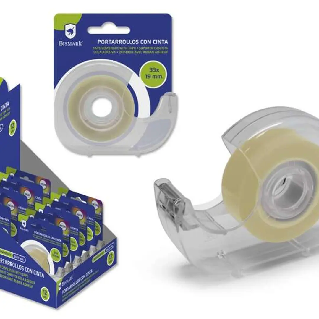 Bismark Portarrollos con Cinta Adhesiva Transparente - Cuerpo de Plastico - Incluye Cinta de 33mx1.9cm - Ideal para Uso Escolar - Color Transparente 1