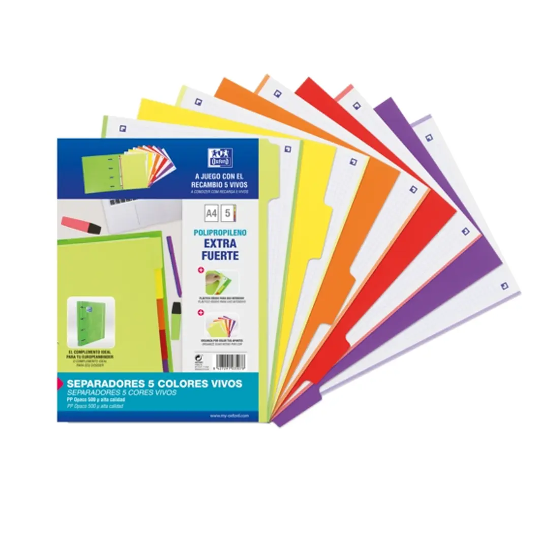 Oxford Strongline A4 Separadores 5 Posiciones - 4 Taladros - Plastico Opaco - 500 Micras - Colores Surtidos 1