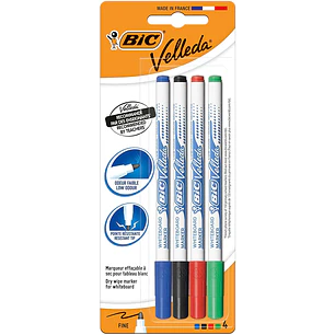 Bic Velleda 1721 Pack de 4 Rotuladores para Pizarra - Punta Fina - Trazo de 1.5mm - Borrado Optimo - Colores Surtidos