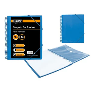 Ingraf Carpeta 30 Fundas A4 + Sobre con Broche - Espiral Plastica Indeformable - Apertura 360 Grados - Portada Personalizable - Color Azul