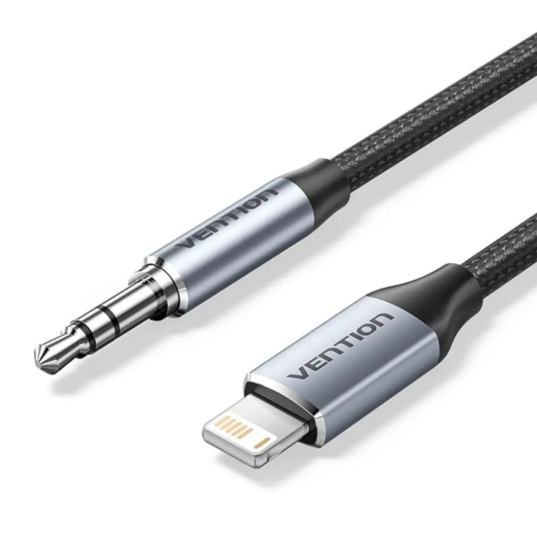 Vention Cable de Audio - Longitud 1.5m - Jack 3.5mm - Lightning - Chaqueta Trenzada de Algodon y TPE - Carcasa de Aluminio - 30 AWG - Color Gris 1