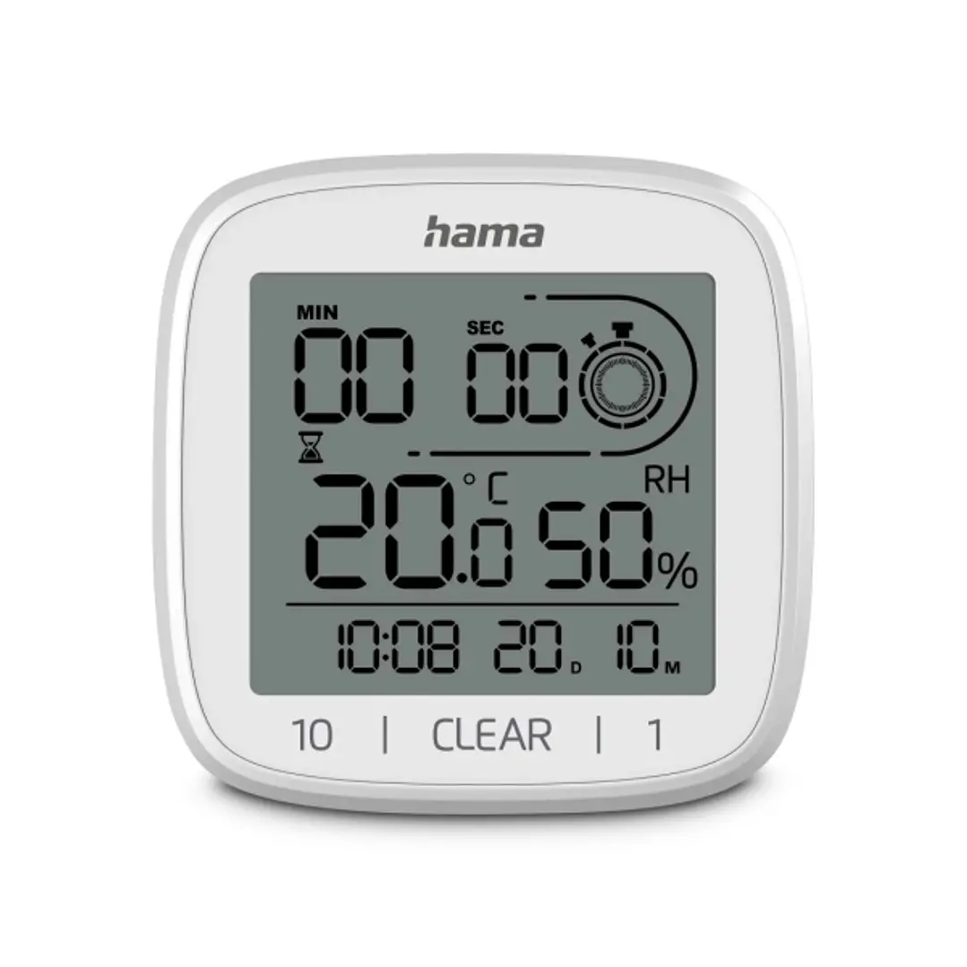 Hama Chipre Reloj Digital con Ventosa - Termometro - Higrometro - IPX4 - Funcion Cuenta Atras - Fecha - 11x11x4.5cm - Color Blanco 1