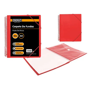 Ingraf Carpeta 40 Fundas A4 + Sobre con Broche - Espiral Plastica Indeformable - Apertura 360 Grados - Portada Personalizable - Color Rojo