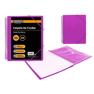 Ingraf Carpeta 40 Fundas A4 + Sobre con Broche - Espiral Plastica Indeformable - Apertura 360 Grados - Portada Personalizable - Color Morado