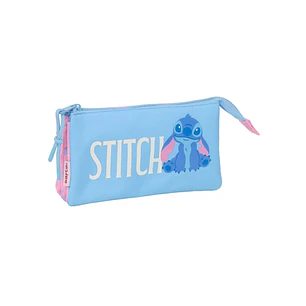 Safta Stitch Bright Portatodo - 3 Compartimentos con Cremalleras - Bolsillo Interior - 0.6L - 220x30x120mm - Color Azul
