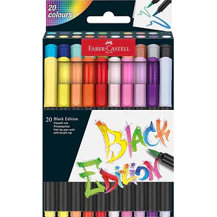 Faber-Castell Black Edition Pack de 20 Rotuladores Punta Pincel - Tinta a Base de Colorantes Alimentarios - Colores Surtidos