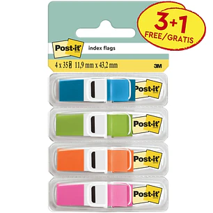 Post-It Index Pack de 4 Dispensadores con 35 Marcadores de Indice Reposicionables - Forma Rectangular - Colores Surtidos