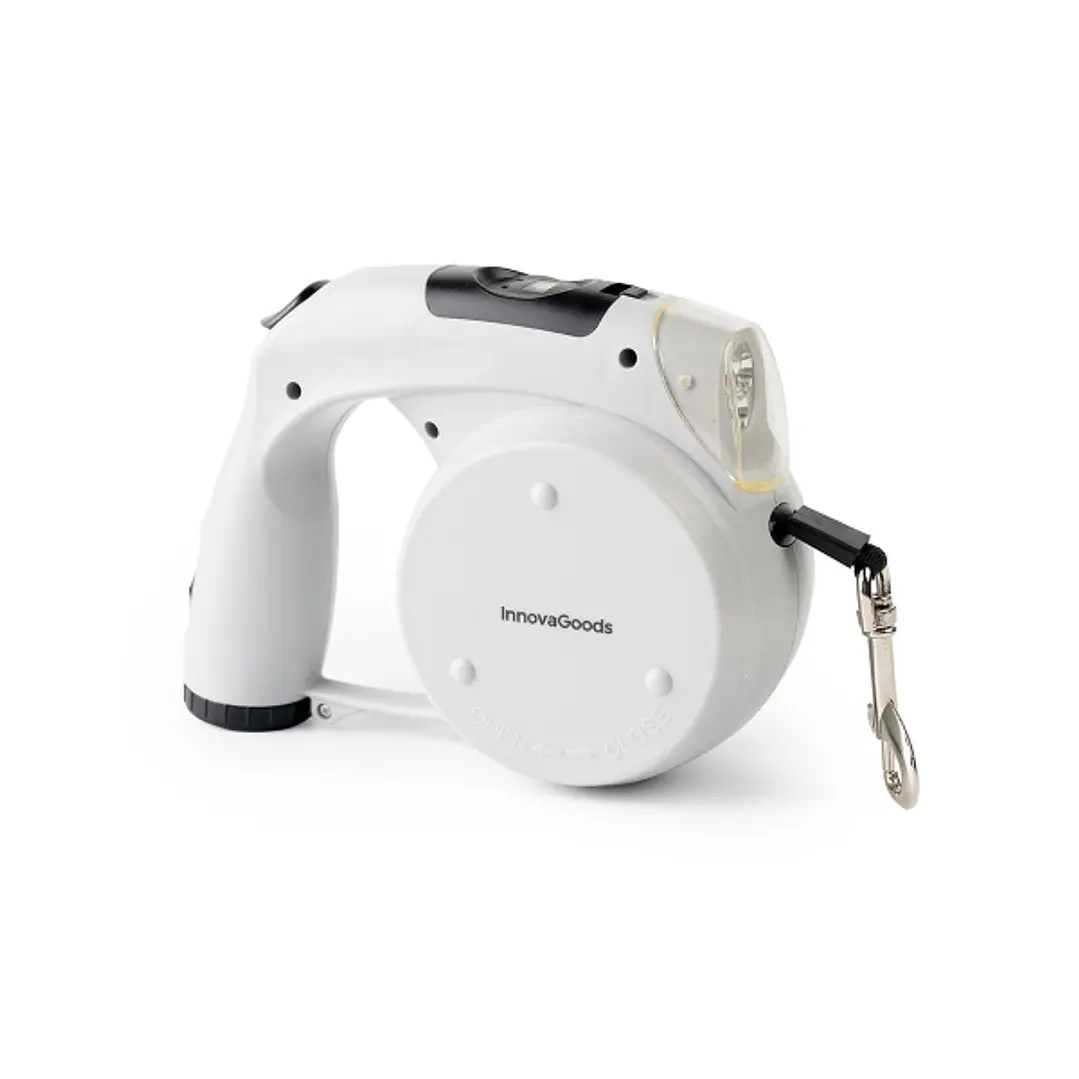 Innovagoods Leashic Correa Retractil 6 en 1 - Luz LED - Reloj - Compartimento de Bolsas y Comida - Bebedero - Extension hasta 4m - Apto hasta 35kg - I 1