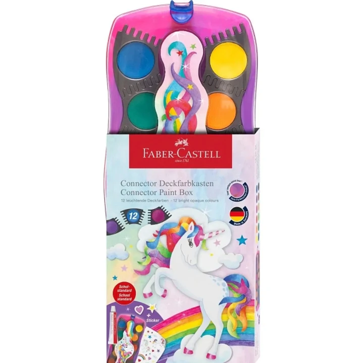 Faber-Castell Connector Unicornio Pack de 12 Acuarelas en Pastilla + Pintura Blanca Opaca + Pegatinas - Gran Opacidad - Facilmente Mezclables - Colore 1