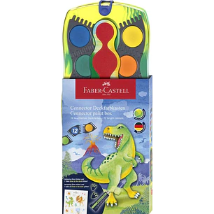 Faber-Castell Connector Dinosaurio Pack de 12 Acuarelas en Pastilla + Pintura Blanca Opaca + Pegatinas - Gran Opacidad - Facilmente Mezclables - Color