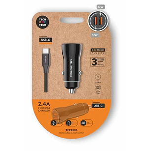 TechOneTech Cargador Doble de Coche + Cable USB-A a USB-C - Alto Rendimiento - Color Negro