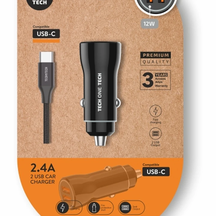 TechOneTech Cargador Doble de Coche + Cable USB-A a USB-C - Alto Rendimiento - Color Negro 1