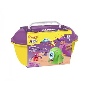 Jovi Play & Fun Cofre Aliens con 24 Barras de Plastilina 15gr + Modeladores + Recortables - Sin Gluten - Base Vegetal - No se Seca - Colores Surtidos