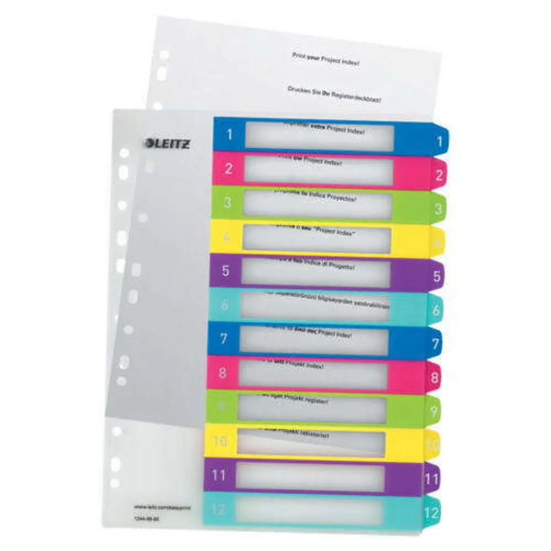 Leitz WOW Indice de Plastico Imprimible Multicolor 12 Pestañas - Multitaladro - Formato A4 - Color Translucido 1