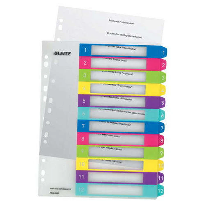 Leitz WOW Indice de Plastico Imprimible Multicolor 12 Pestañas - Multitaladro - Formato A4 - Color Translucido 1