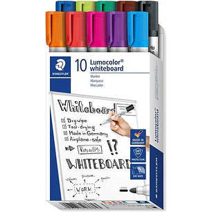 Staedtler Lumocolor 351 Pack de 10 Marcadores para Pizarra Blanca - Punta 2mm Aprox - Secado Rapido - Colores Surtidos