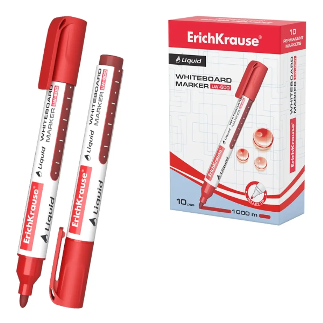 Erichkrause Liquid LW-600 Marcador de Pizarra Blanca - Tinta Liquida a Base de Alcohol - Punta en Forma de Bala - Ancho de Linea 2.5mm - Color Rojo 1