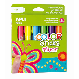Apli Color Sticks Pack con 6 Temperas Solidas de 6g en Colores Fluor - Acabado Satinado - Secado Rapido - Efecto Cera o Tempera Segun la Presion Ejerc