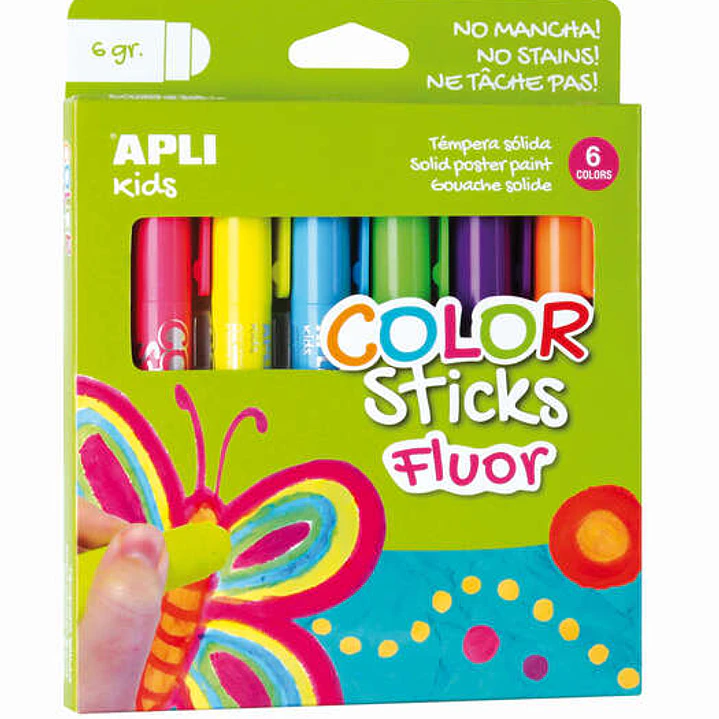 Apli Color Sticks Pack con 6 Temperas Solidas de 6g en Colores Fluor - Acabado Satinado - Secado Rapido - Efecto Cera o Tempera Segun la Presion Ejerc 1