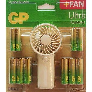 GP Ultra Alcalina Pack de 12 Pilas AAA + 12 Pilas AA + Ventilador de Mano de Regalo