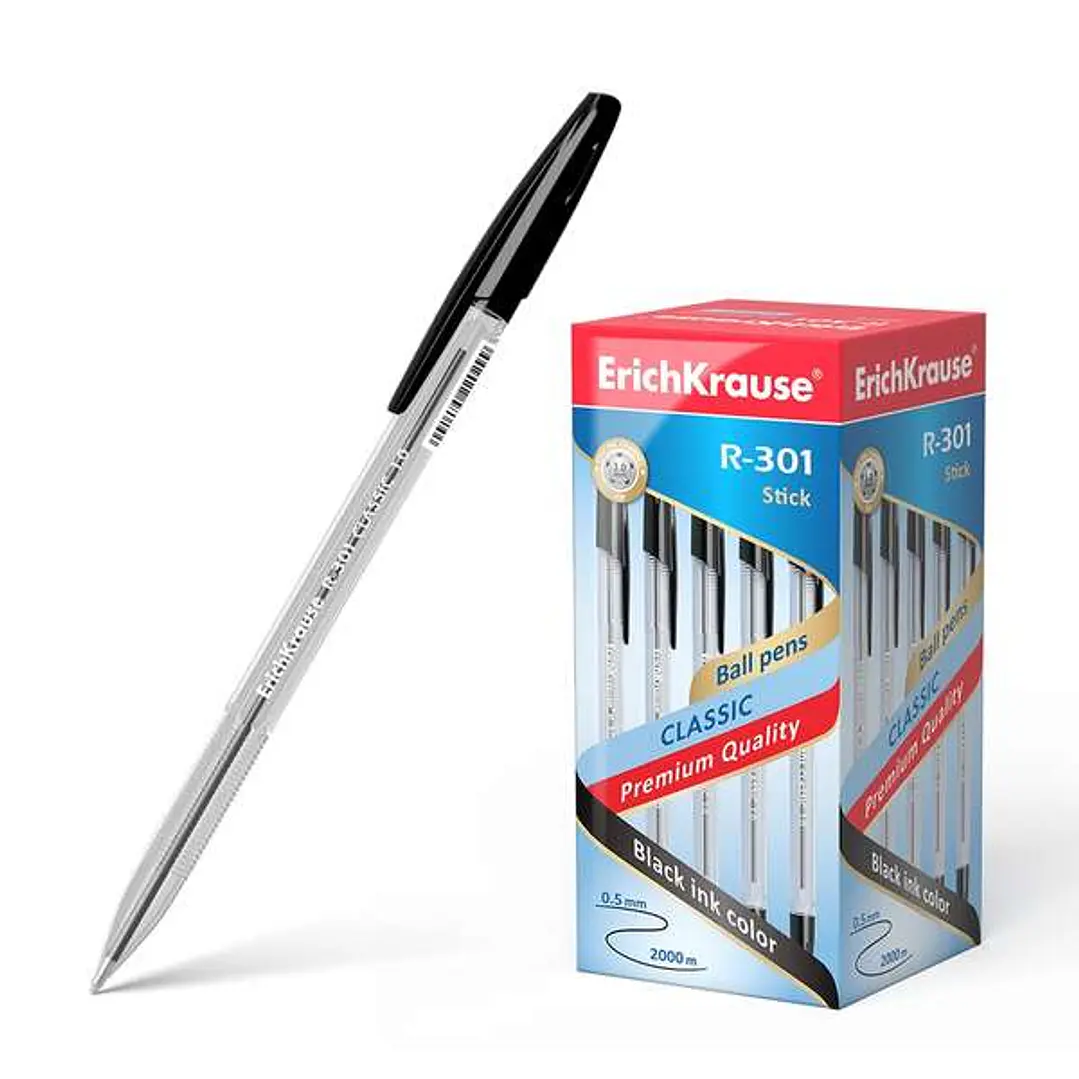 Erichkrause R-301 Boligrafo de Bola Punta 1.0mm - Trazo 0.5mm - Tinta de Secado Rapido - Cuerpo Transparente - Capuchon Ventilado - Color Negro 1