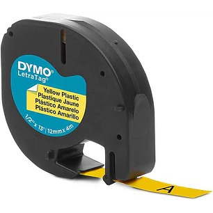 Dymo LetraTag S0721620 Cinta de Etiquetas Original para Rotuladora - Texto negro sobre fondo amarillo - Ancho 12mm x 4 metros (91202)