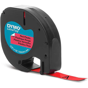 Dymo LetraTag S0721630 Cinta de Etiquetas Original para Rotuladora - Texto negro sobre fondo rojo - Ancho 12mm x 4 metros (91203)