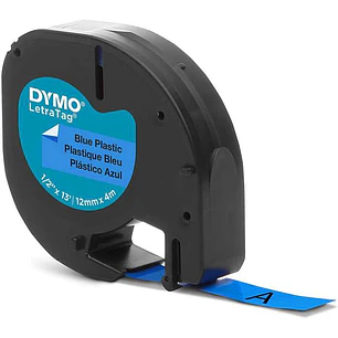 Dymo LetraTag S0721650 Cinta de Etiquetas Original para Rotuladora - Texto negro sobre fondo azul - Ancho 12mm x 4 metros (91205)
