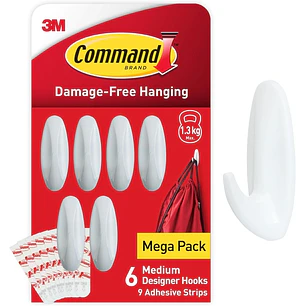 Command Pack de 6 Ganchos de Diseño Medianos - 9 Tiras Adhesivas - Soportan hasta 1.3kg - Color Blanco