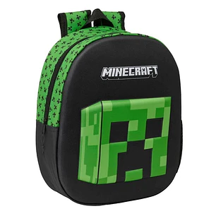 Safta Minecraft Mochila 3D - Asa de Mano - Portabotellas Lateral - 27x33x10cm - Color Negro/Verde