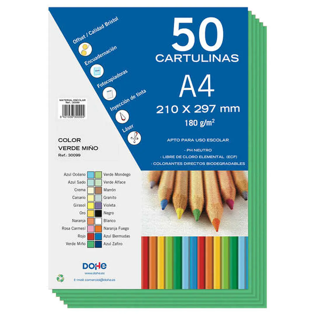 Dohe Pack de 50 Cartulinas A4 de 180g/m2 - PH Neutro - Libres de Cloro Elemental - Colorantes Biodegradables - Color Verde Miño 1