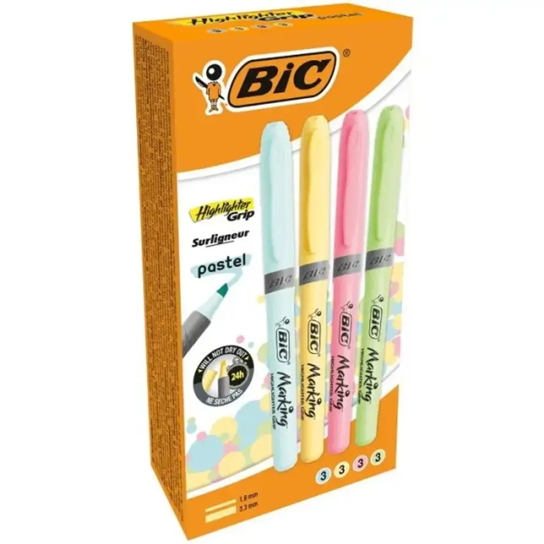 Bic Highlighter Grip Pack de 12 Marcadores Fluorescentes Pastel - Punta Biselada - Trazo entre 1.60 y 3.30mm - Grip Texturizado - Colores Pastel Surti 1