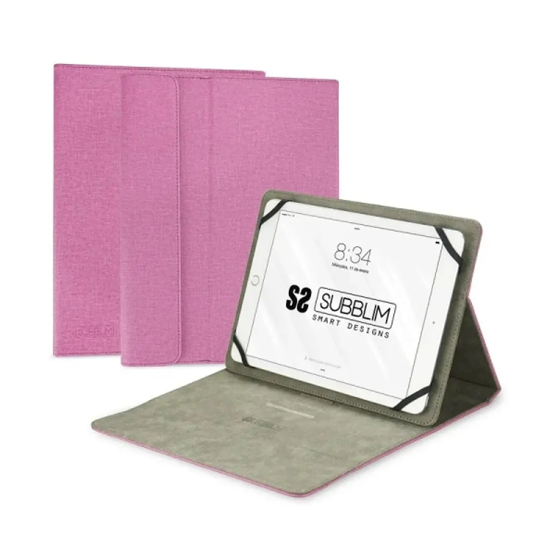 Subblim Funda universal para Tablet - Acabado en tacto Cloth - Soporte antideslizante - Cierre magnético - Sistema de sujeción exclusivo - Color Rosa 1
