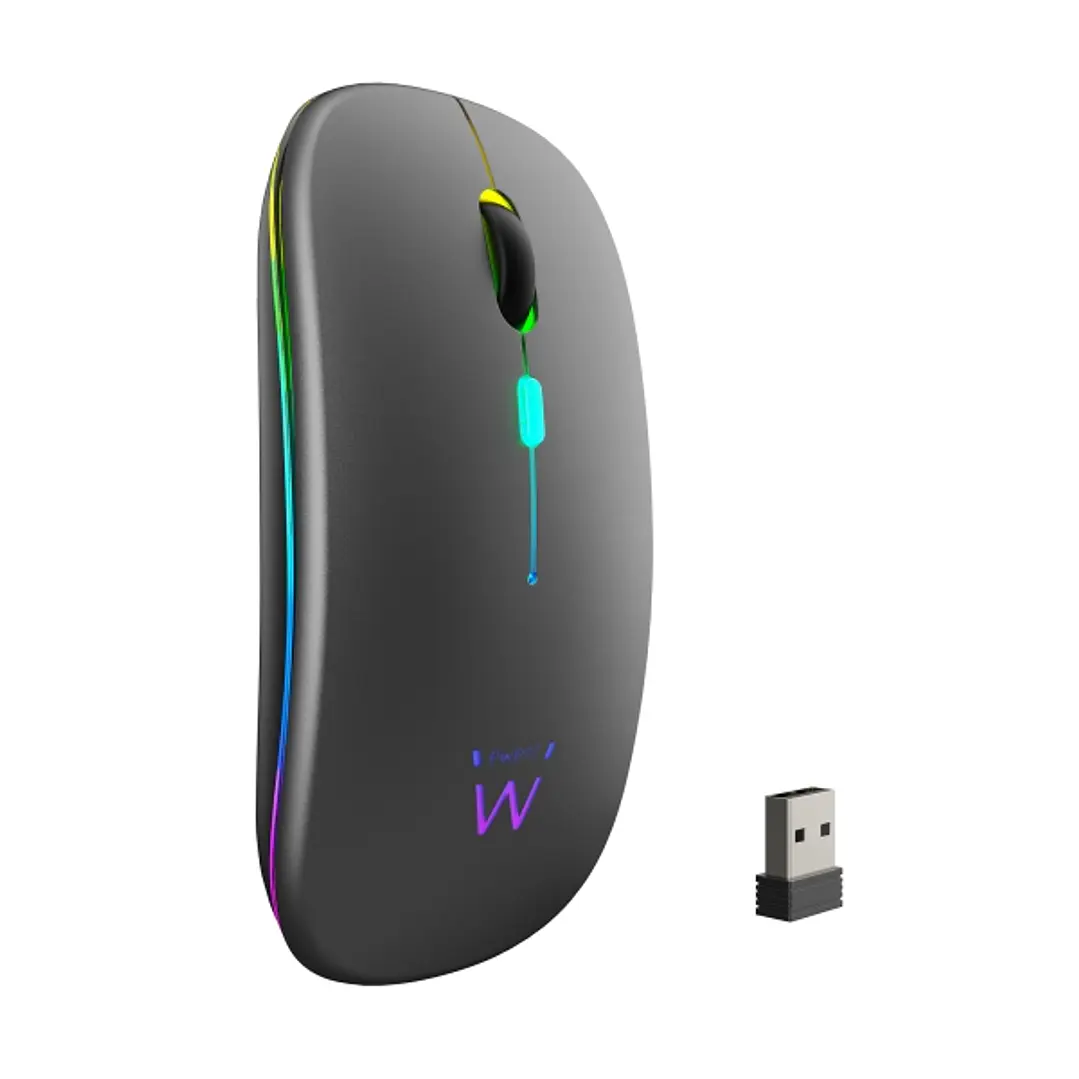 Ewent Raton Inalambrico - Receptor USB-A de 2.4GHz- Bluetooth 5.1 - Recargable - Luces RGB - 4 Botones - Bateria de Litio de 500mAh - Color Negro 1