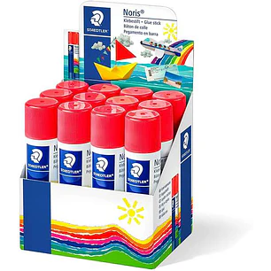 Staedtler Noris Expositor de 12 Barras de Pegamento 20gr - Sin Disolventes - Uso Escolar - Pega Papel, Cartulina, Tejido etc