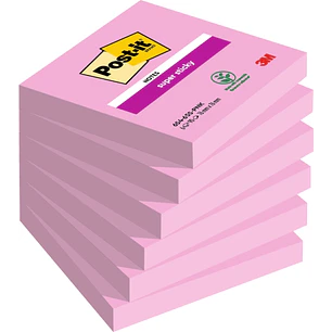 Post-It Super Sticky Pack de 6 Blocs de 90 Notas Adhesivas Reposicionables - 76x76mm - 100% PEFC - Color Rosa