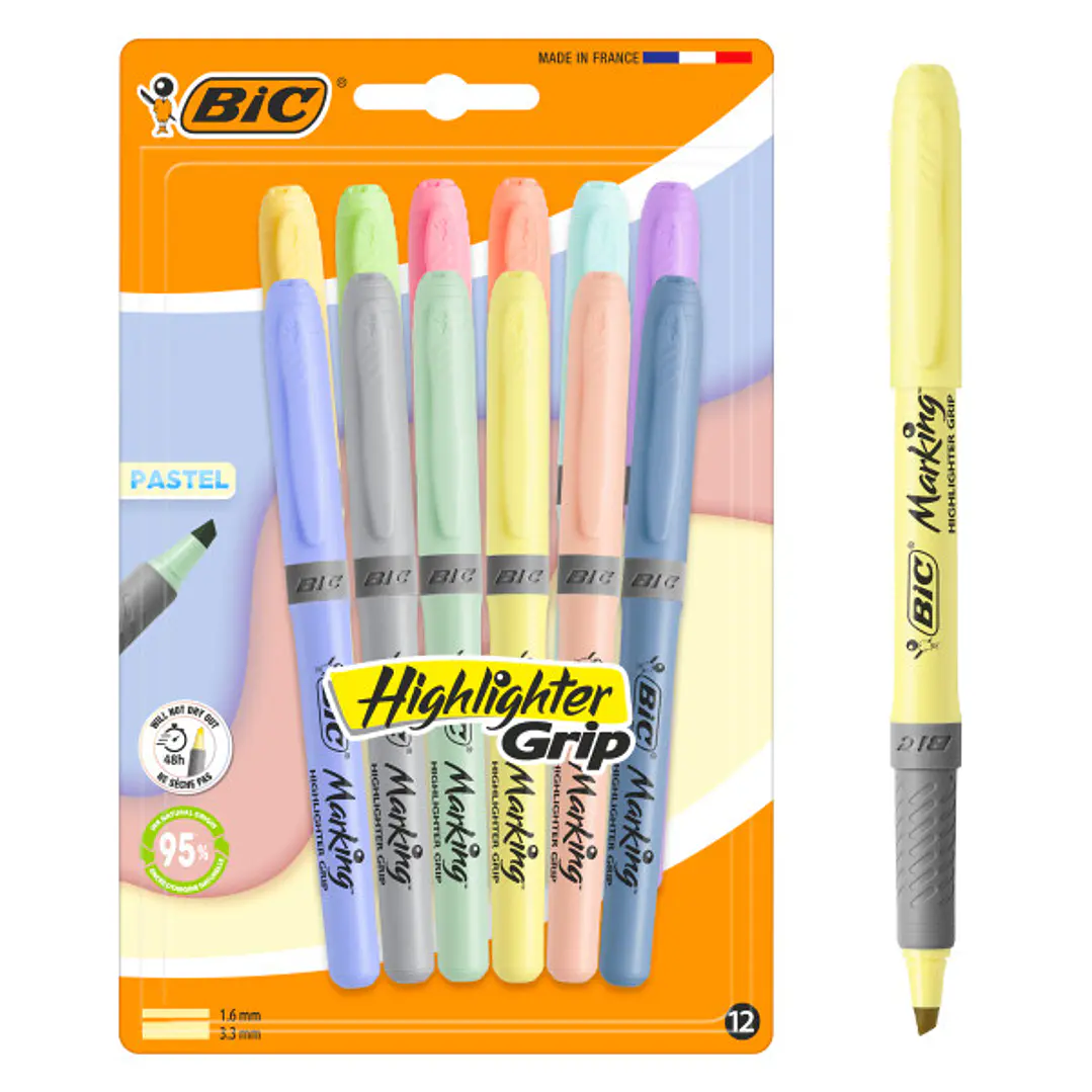 Bic Highlighter Grip Pastel Pack con 12 Marcadores Fluorescentes Pastel - Punta Biselada - Trazo entre 1.60 y 3.30 mm - Grip Texturizado - Colores Sur 1