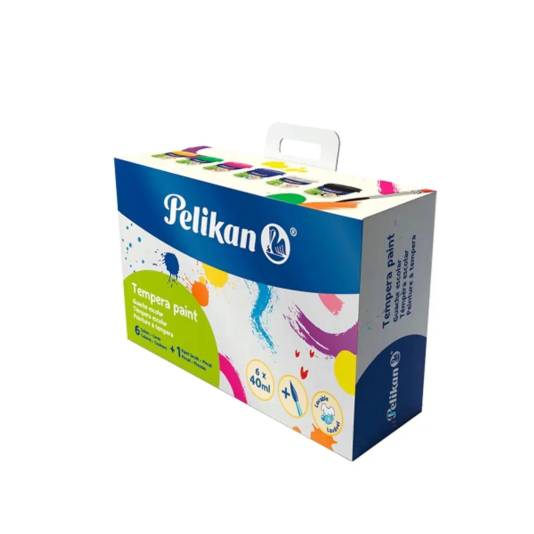 Pelikan Pack de 6 Temperas - 40ml - Pincel de Pelo Pony Nº4 - Consistencia Cremosa - Colores Surtidos 1