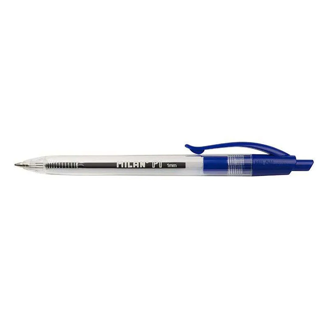 Milan P1 Boligrafo de Bola Retractil - Punta Redonda 1mm - Cuerpo Transparente - Color Azul 1