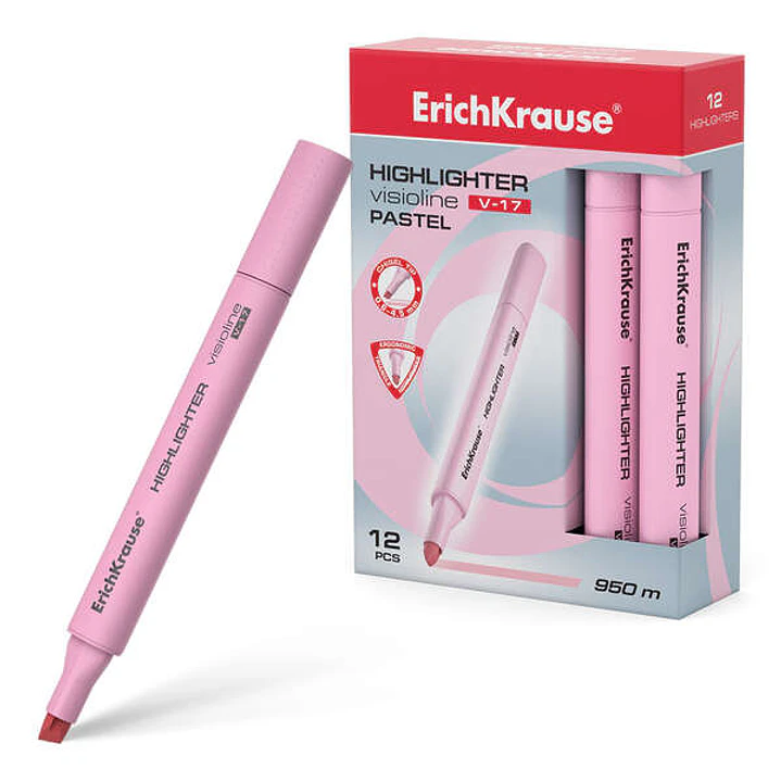 Erichkrause Visioline V-17 Pastel Marcador Fluorescente - Punta Biselada - Trazo de 0.6 a 4.5mm - Tinta a Base de Agua - Color Rosa Pastel 1