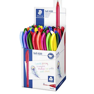 Staedtler Ball 4320 M Expositor con 50 Boligrafos Punta de Bola 1mm - Escritura Suave - Cuerpo Triangular - Colores Surtidos