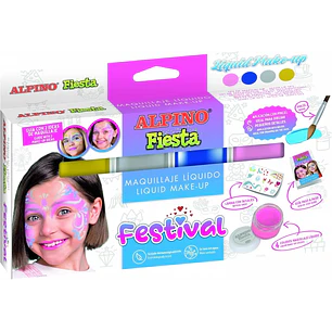 Alpino Fiesta Festival Pack de 4 Botes de Maquillaje Liquido de Diferentes Colores + Pincel + Guia de Ideas - Se Lava con Agua - Testado Dermatologica
