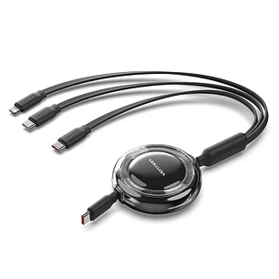 Vention Cable USB Multiple - Potencia Maxima 100W - Retractil - Longitud Ajustable hasta 1.1m - USB-A - 2xUSB-C - Lightning - Velocidad hasta 480Mbps 